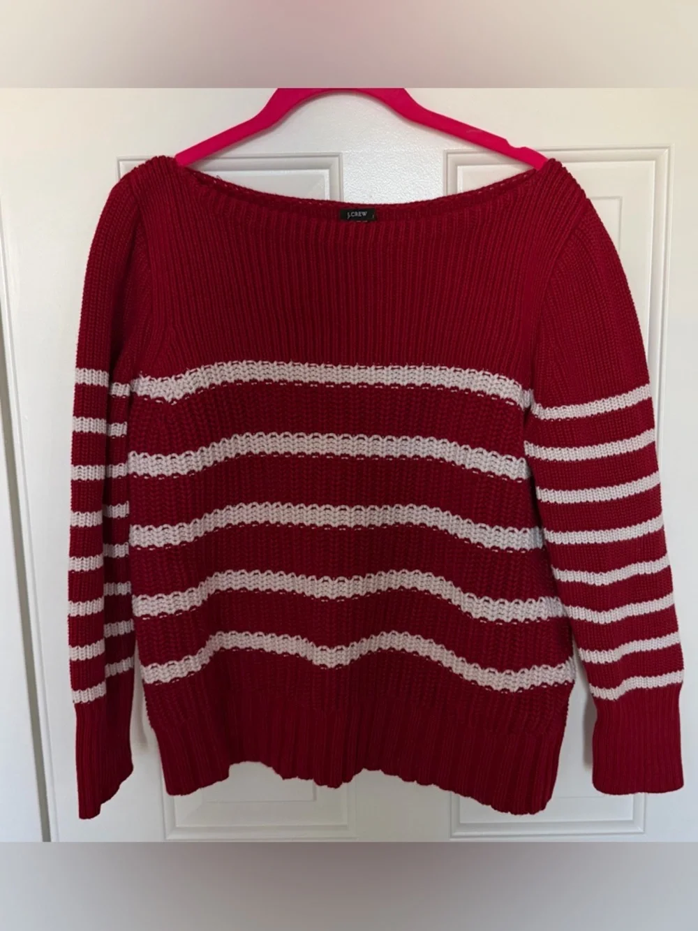 J. Crew Red and White Striped Boat Neck Sweater